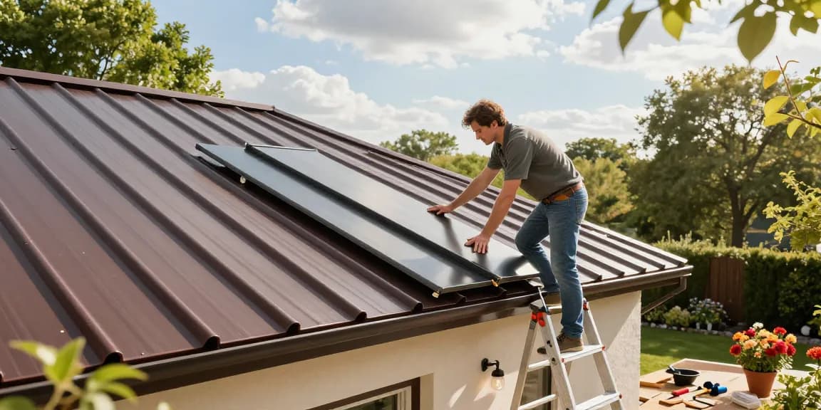 Homeowner inspecting metal roof panels and tiles in bright garden setting.