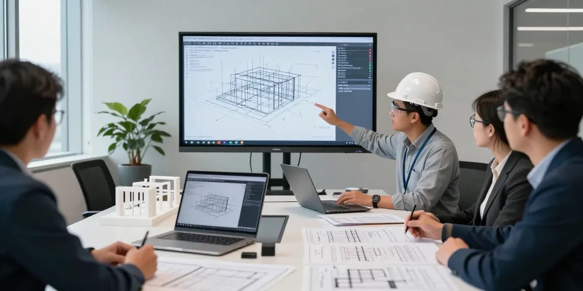 Seismic Design Engineer Canada reviewing structural models in a modern office.