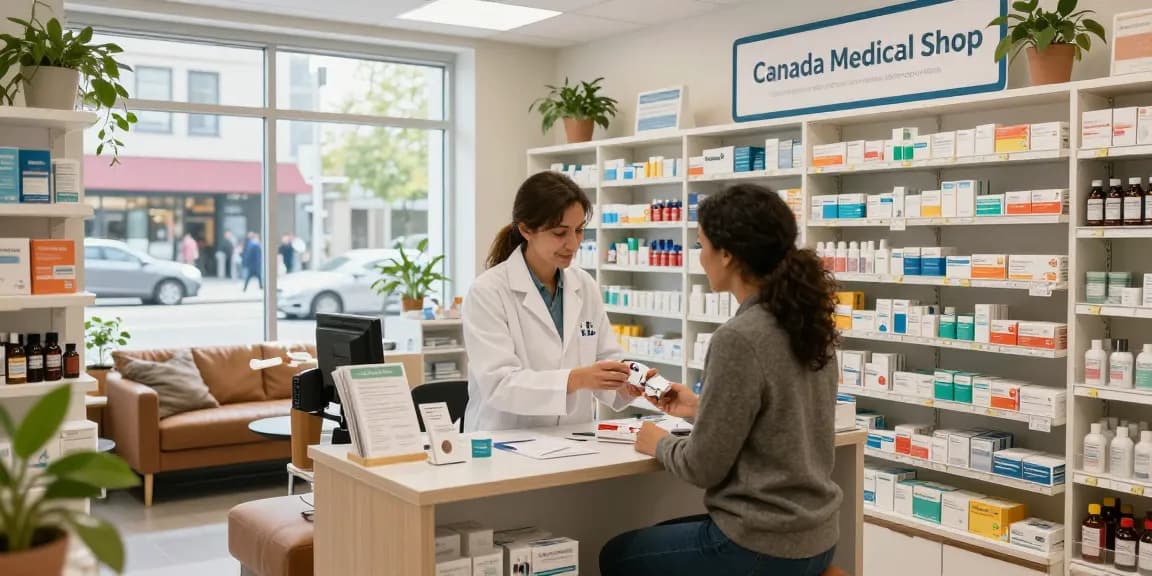Canada medical shop pharmacist assisting customer in modern pharmacy.
