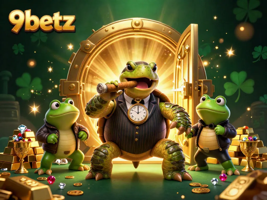 Experience the excitement of 9betz with a vibrant illustration featuring a snapping turtle in a mobster suit among gold treasures and casino lights.