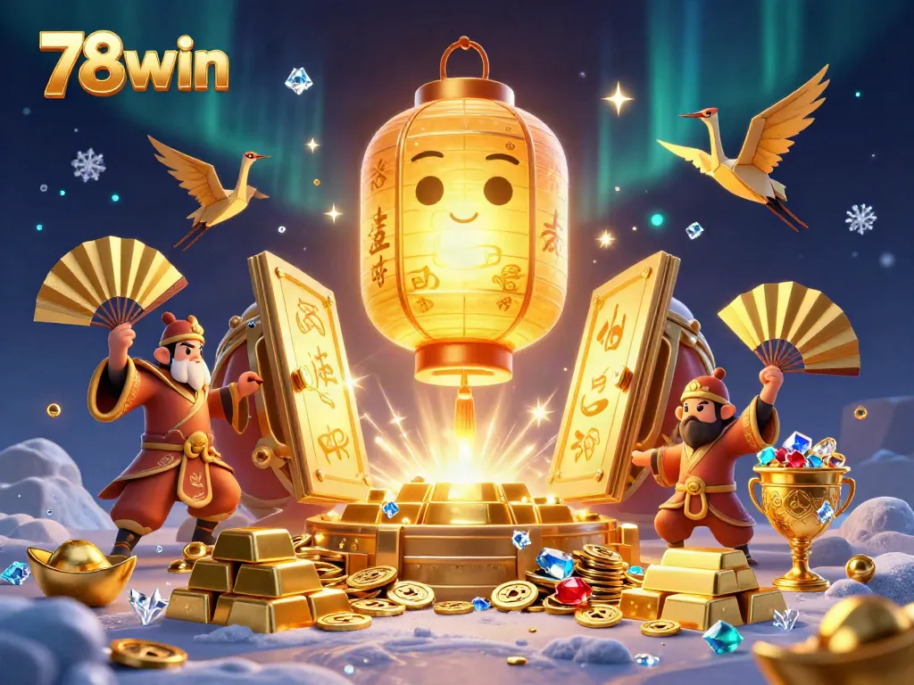 Winning players celebrating at 78win casino with treasure and good fortune symbols surrounding them.