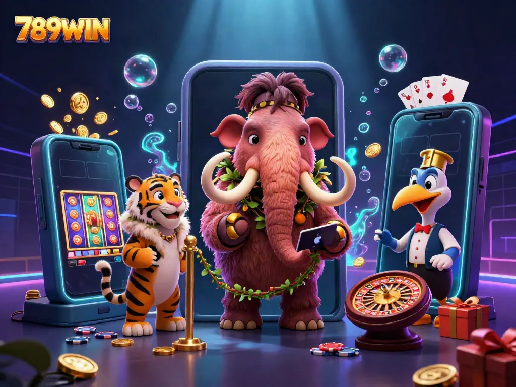 Experience the thrilling casino environment with 789WIN, featuring vibrant characters and captivating slot games.