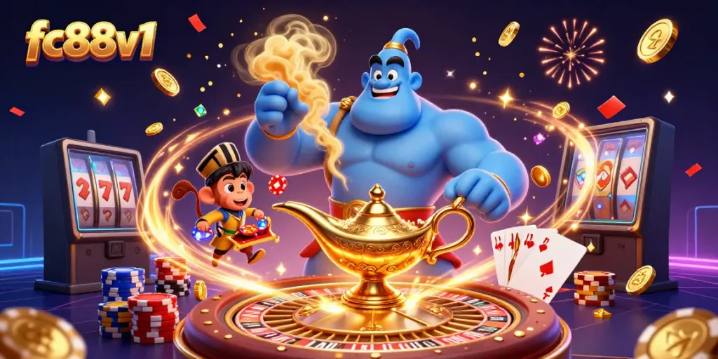 Engage with the exciting world of fc88v1 as a muscular genie and magical monkey juxtapose casino adventure with poker chips.