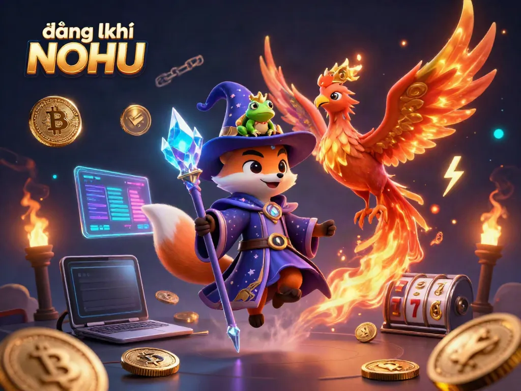 Experience the adventure of đăng ký NOHU with alluring jackpots and magical characters in this captivating illustration.