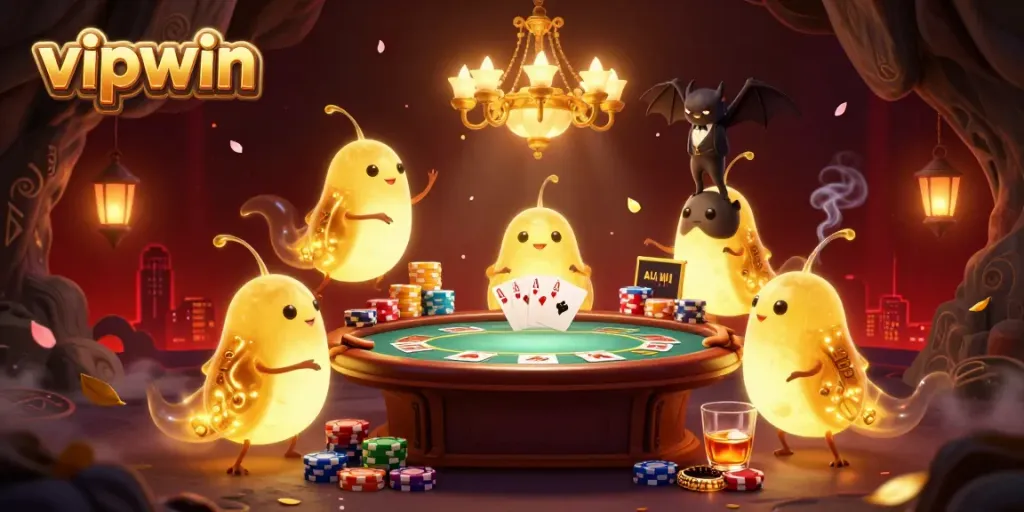 Experience thrilling action at vipwin with a lively 3D casino scene, featuring glowworms and a bat dealer.
