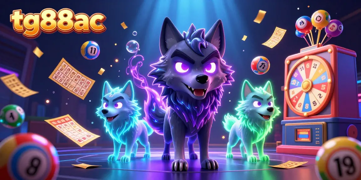 Win big at tg88ac with a stunning 3D casino scene featuring a luminous wolf pack and playful lottery elements.
