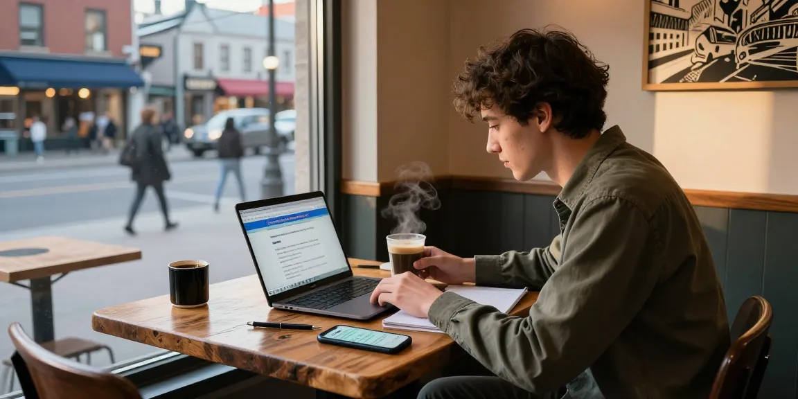 Engaged individual using quebecsalestaxcalculator.ca at a café table, with coffee and street views.