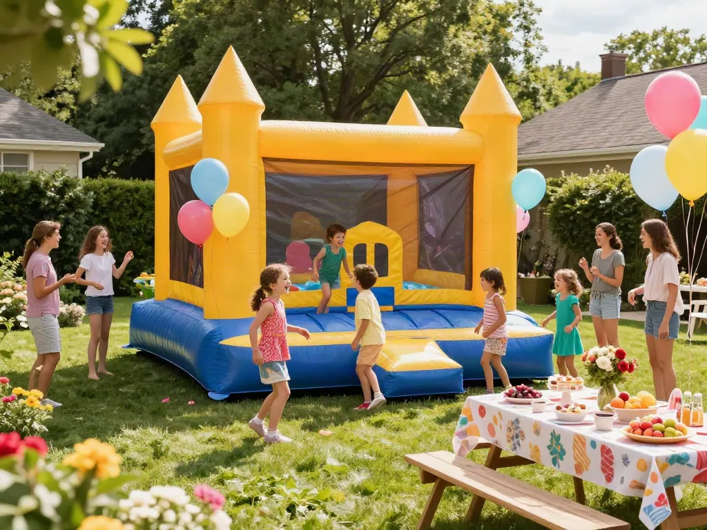 Children having fun in a colorful bounce castle during a backyard party, surrounded by festive decorations and joyful atmosphere.