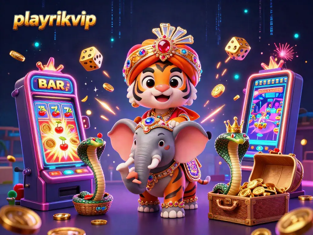 Playrikvip delivers thrilling casino excitement with a vibrant scene of an ornate elephant and tiger.