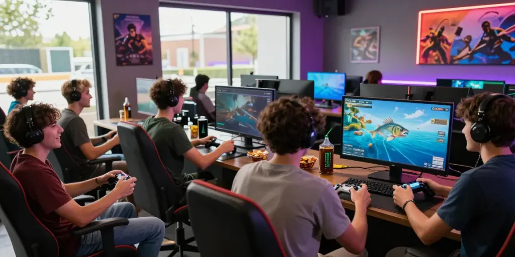 Players enjoying immersive online fishing games at https://du88az.net/ in a vibrant gaming lounge.