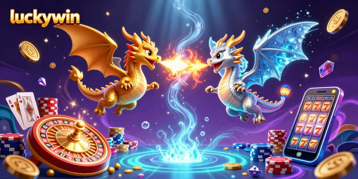 Win big with luckywin as twin dragons battle in a vibrant casino scene filled with shining coins and cards.