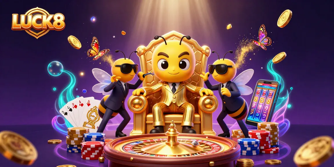 Experience LUCK8 with a vibrant 3D casino scene featuring a mob boss, coins, and gaming excitement.