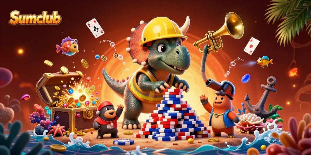 Experience Sumclub with vibrant 3D cartoon triceratops and dynamic casino gaming elements.