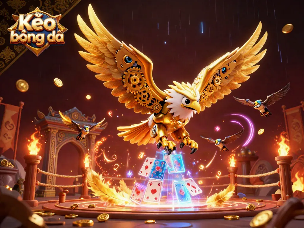 Experience Kèo bóng đá excitement with a 3D golden eagle diving through holographic cards and betting tokens.