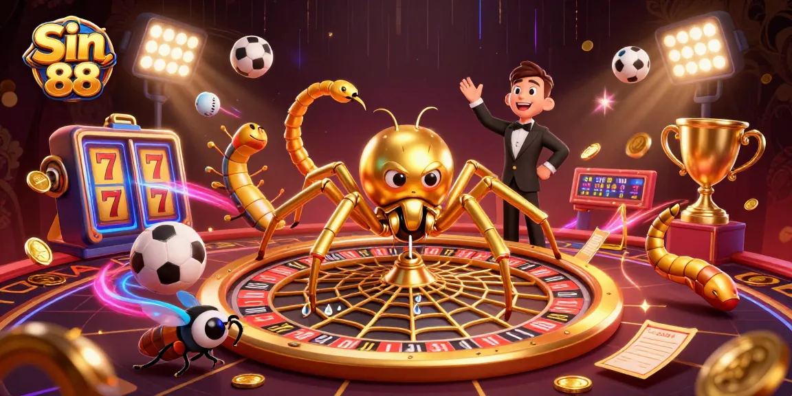 Sin 88 offers thrilling casino action with a golden spider, roulette wheel, and dynamic sports elements.