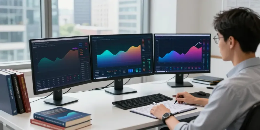 Person analyzing stock market trends at a desk with slatecapivex.ca on display.