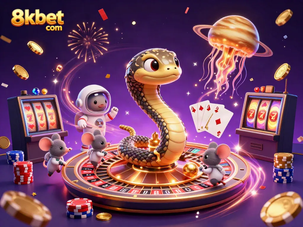 Experience vibrant 8xbet com gaming with planets and astronaut mice in a dynamic cosmic casino scene.