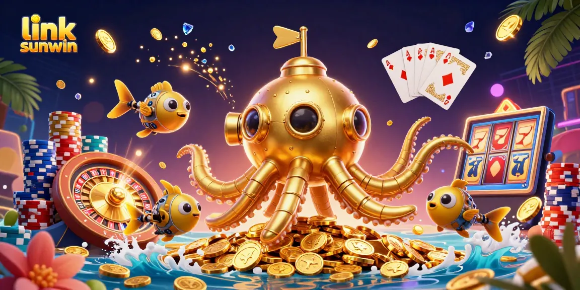 Engage with link sunwin in a vibrant 3D casino illustration featuring golden treasures and elaborate gaming elements.