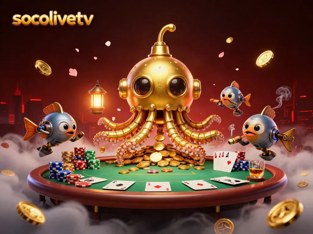 Engage with socolivetv's vibrant 3D illustration showcasing a golden kraken submarine and poker elements.