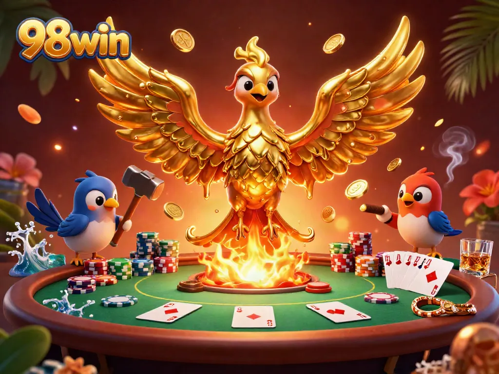 Engage with 98win's exciting poker scene featuring a molten gold phoenix and vibrant casino elements.
