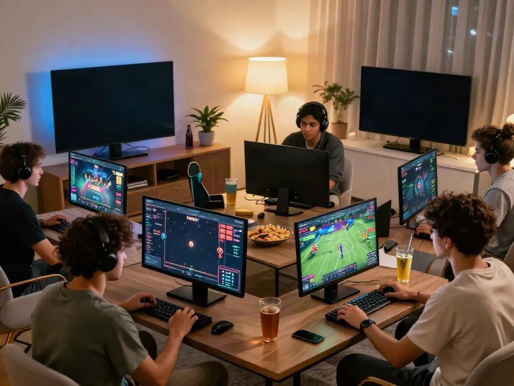 Engaging online gaming experience with friends at TA88 network in a modern living room setting.