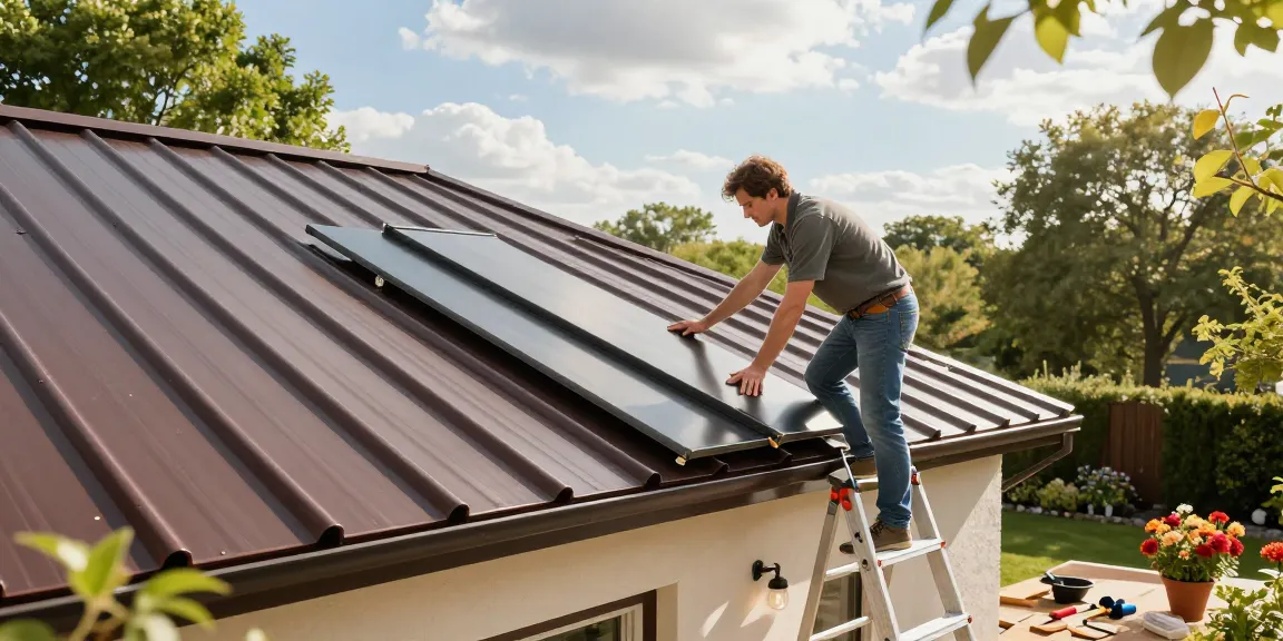 Homeowner inspecting metal roof panels and tiles in bright garden setting.