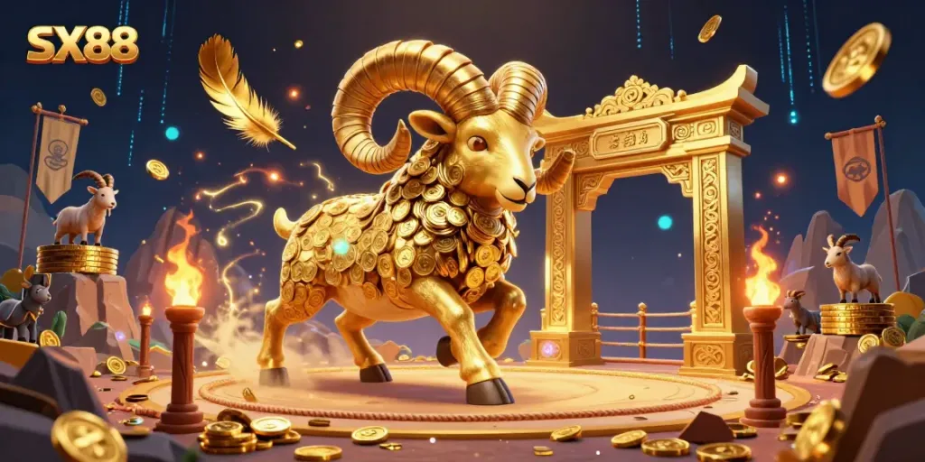 SX88 transforms into an exhilarating battle scene with golden ram and chip-stacked goats amid vibrant casino elements.