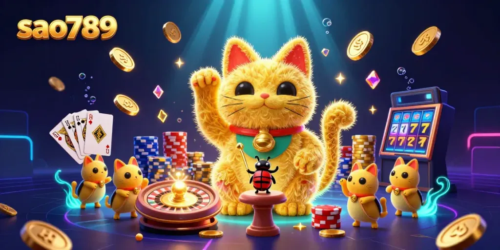 Experience the thrill of sao789 with playful golden fireflies and exciting casino elements.