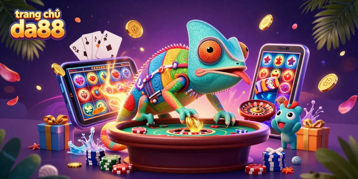 Experience the thrill of trang chủ da88 with a vibrant casino scene, featuring a colorful chameleon owner and dynamic gaming elements.