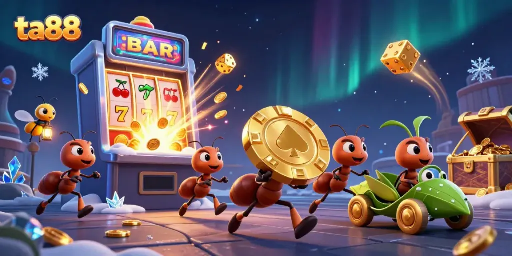 Experience the excitement of ta88 with cartoon ants heisting a giant poker chip in a vibrant casino scene.
