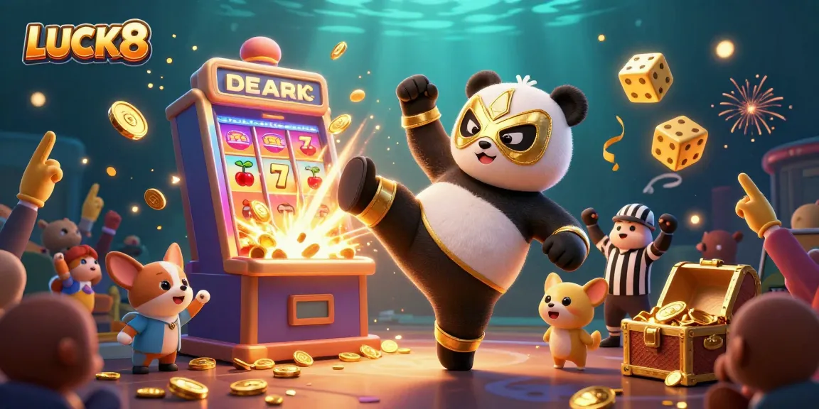 LUCK8 features a playful scene with a panda wrestler and chihuahua referee amidst casino excitement.