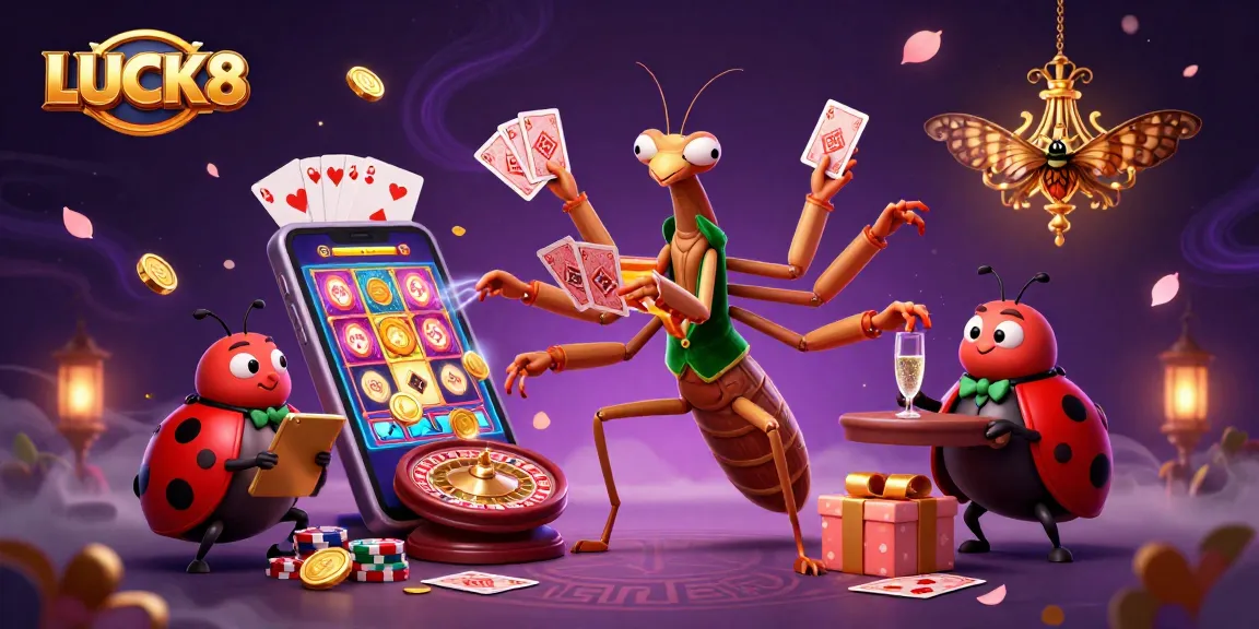 LUCK8, côn trùng bài bạc với các lá bài và hũ tiền, đầy vui nhộn trong sòng bạc.