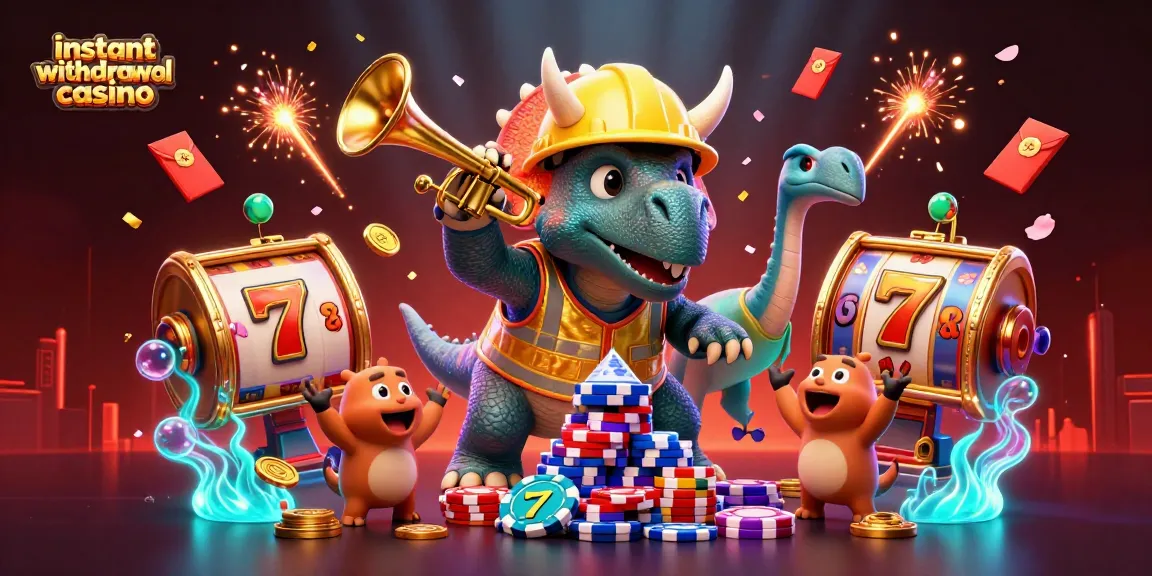 Experience the thrill of an instant withdrawal casino with a vibrant 3D illustration showcasing fun characters celebrating with chips and slots.
