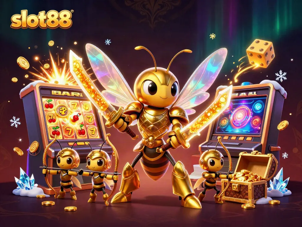 Experience dazzling gameplay with slot88 as a golden hornet in samurai armor battles for jackpots amidst a vibrant casino world.