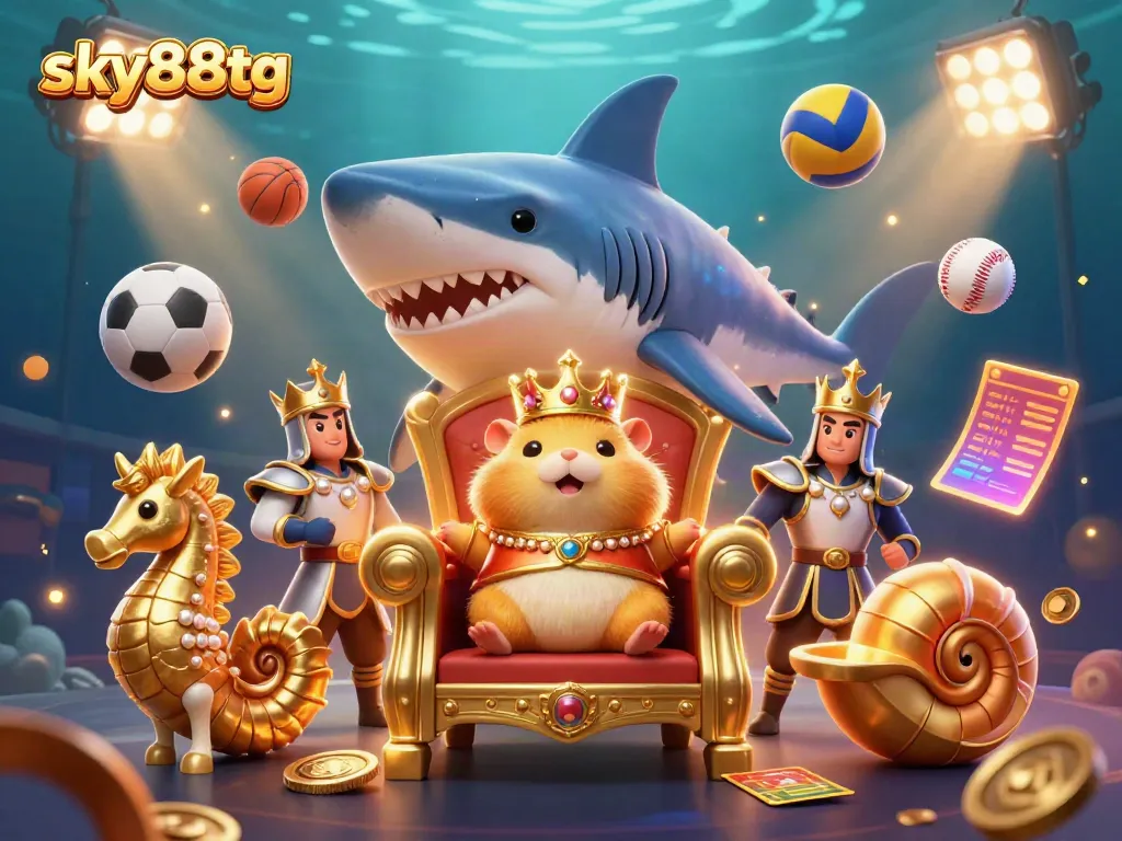Experience the excitement of sky88tg as the hamster king rules from his megalodon throne amidst dynamic sports elements.