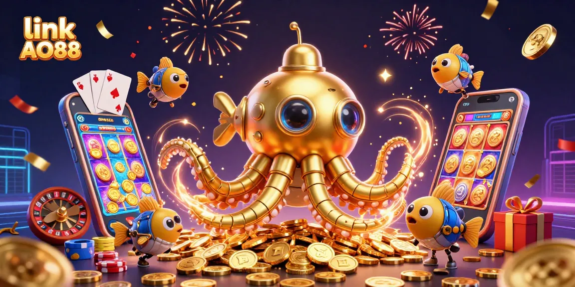 Experience thrilling wins with link AO88 as the golden kraken and mechanical fish celebrate amidst a sea of golden coins.