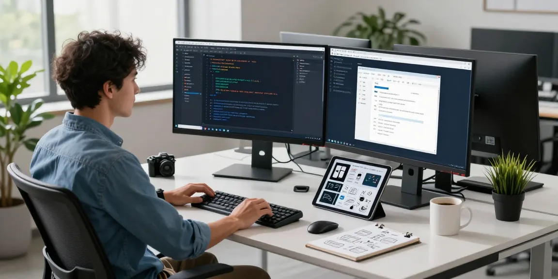 Developer accessing WPS Download on dual screens in a modern office, showcasing productivity tools.