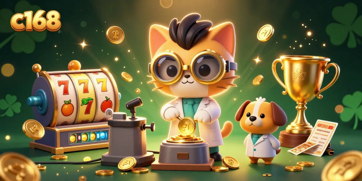 Experience c168’s vibrant gaming scene with golden slot reels and animated characters.