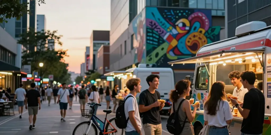 Dynamic street scene at dusk with people enjoying food, reflecting community spirit near streek.ca
