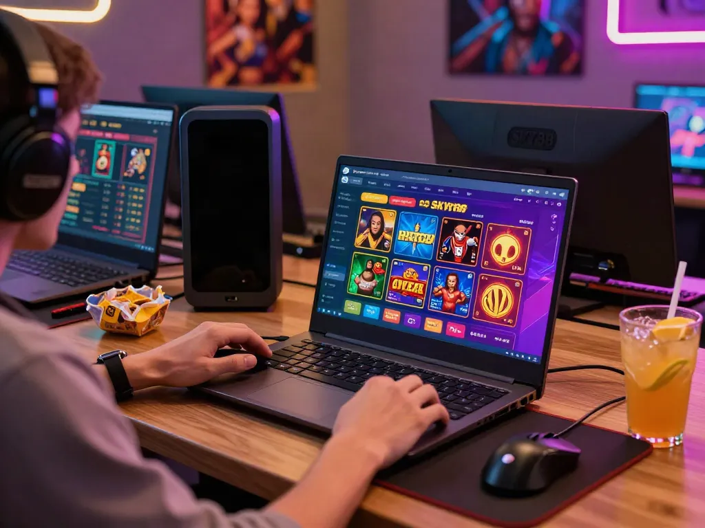 Engaging user experience on https://sky88tg.com/ with online gaming interface on laptop in a vibrant gaming setup.