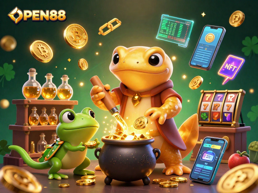 Engage with OPEN88's vibrant, dynamic 3D illustration showcasing casino excitement with gold coins and crypto elements.