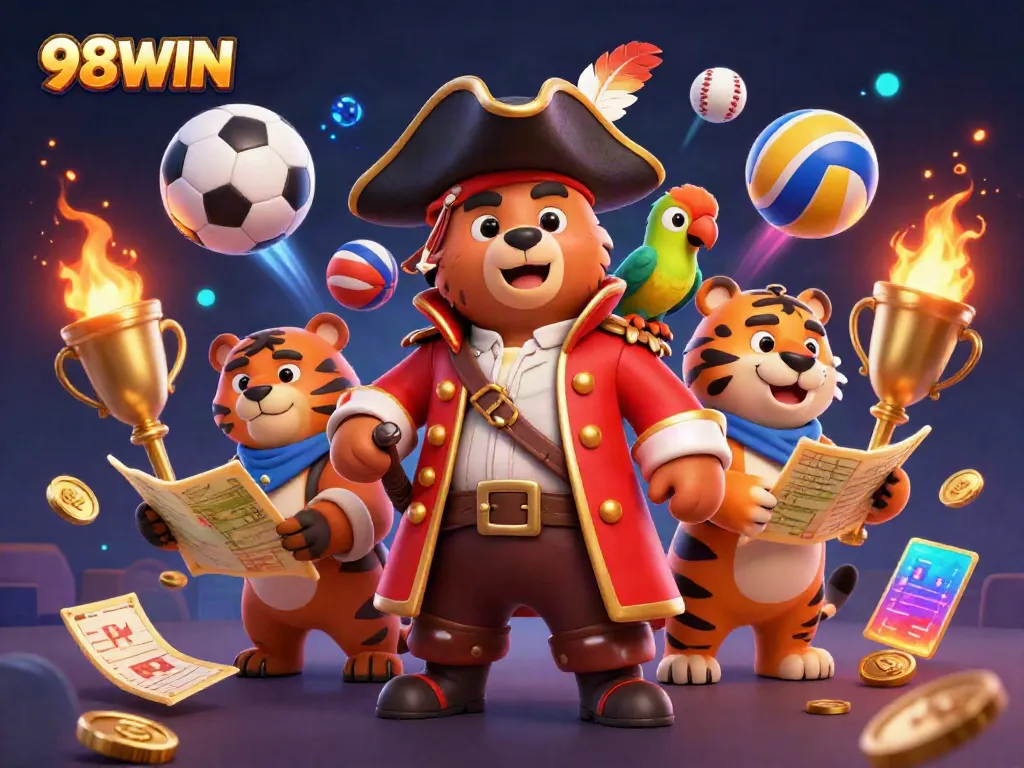 Score big with 98WIN at this exciting 3D casino scene featuring fun characters and sports elements.