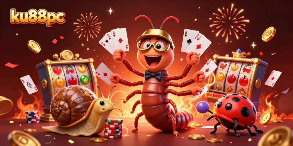 Experience the excitement at ku88pc with a vibrant casino scene showcasing a millipede dealer and high-roller characters.