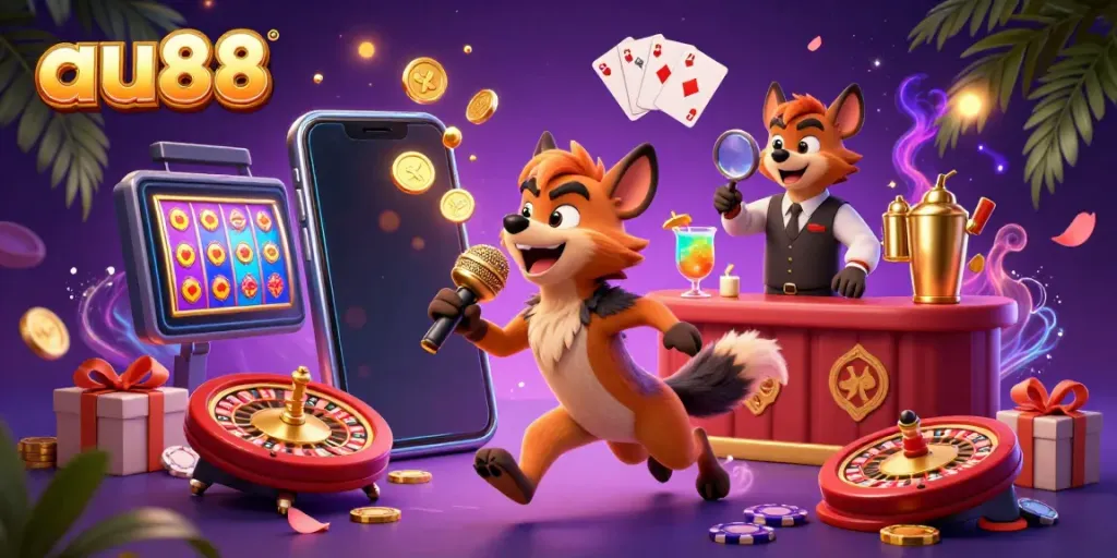 Experience the excitement of au88 with lively hyenas at a comedy casino club, complete with dynamic gaming elements.