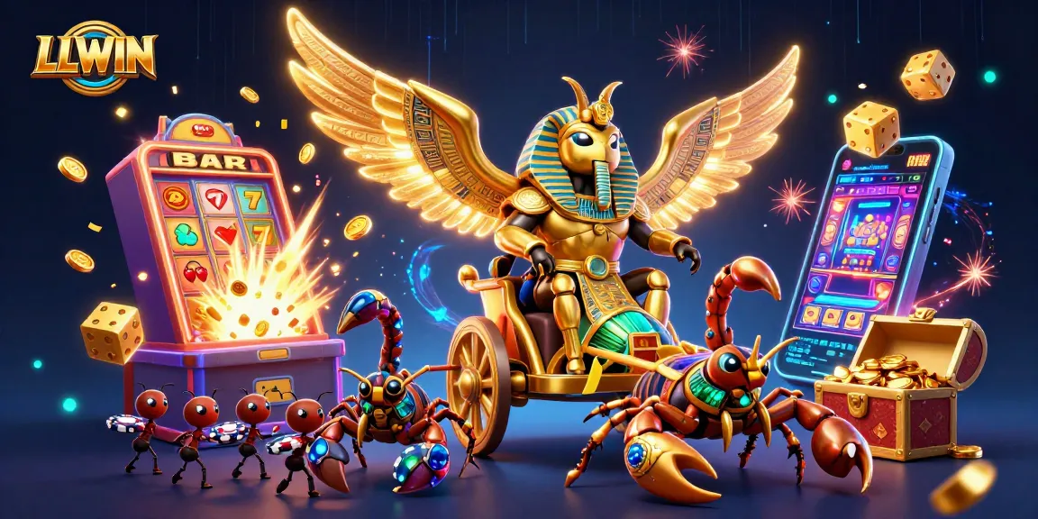 LLWIN's vibrant casino action illustrates a colossal beetle chariot with exploding jackpots and immersive gameplay.