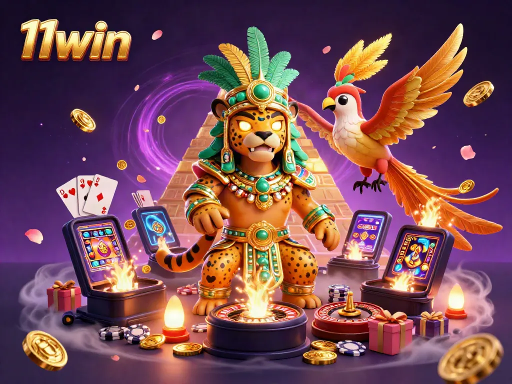Engage with 11win through an imaginative 3D illustration of casino excitement featuring characters and games.
