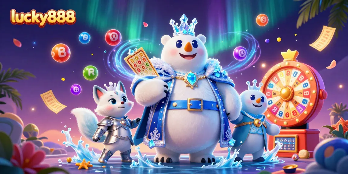 Experience lucky888's excitement through fun lottery games and dynamic elements in this vibrant 3D illustration.