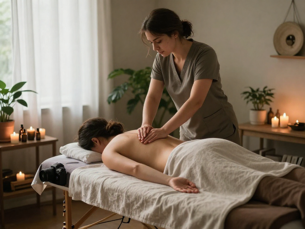 파주출장마사지 service showcasing a therapist providing a relaxing Swedish massage in a serene home environment.