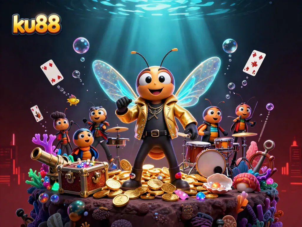 Experience thrilling wins at ku88 with a vibrant scene of a rock star cicada and vibrant gaming elements.