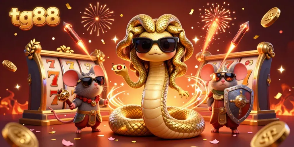 Win big at tg88 with a vibrant casino scene featuring a friendly Medusa and a warrior mouse.
